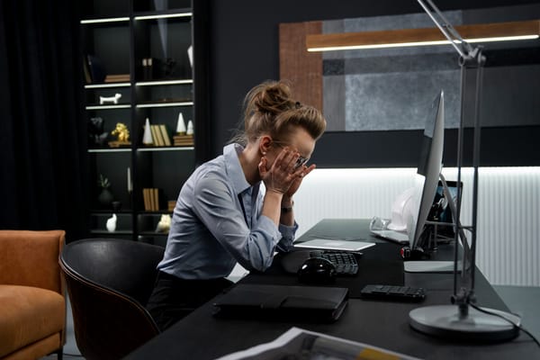 mpreendedora sentada em sua mesa de trabalho, com a mão na cabeça de frente para o computador com expressão preocupada.